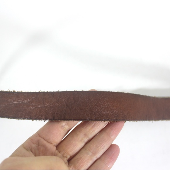 Cognac Brown Rustic Leather Belt with Antiqued Brass Buckle and Topstitching - Picture 7 of 7